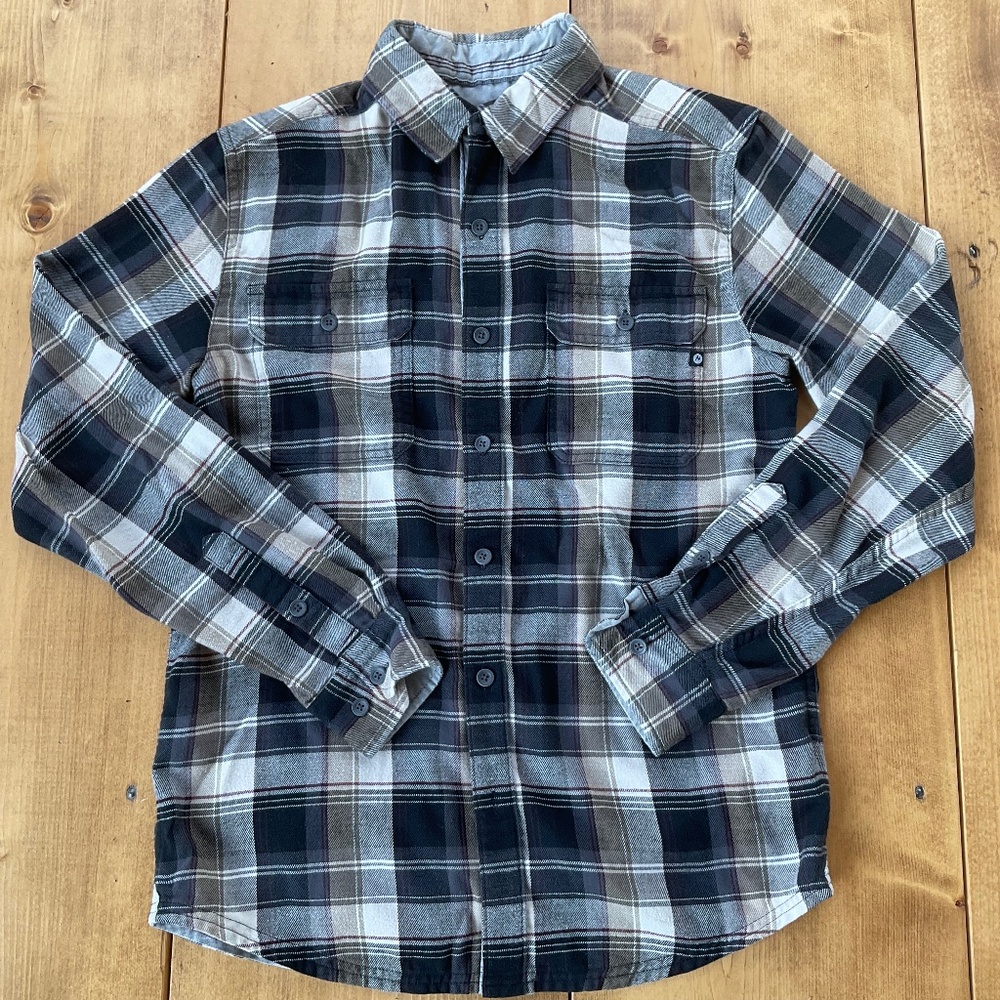 SALE‼️MENS MARMOT COTTON FLANNEL BLACK PLAID CAMP BUTTON DOWN SHIRT EUC SZ SMALL